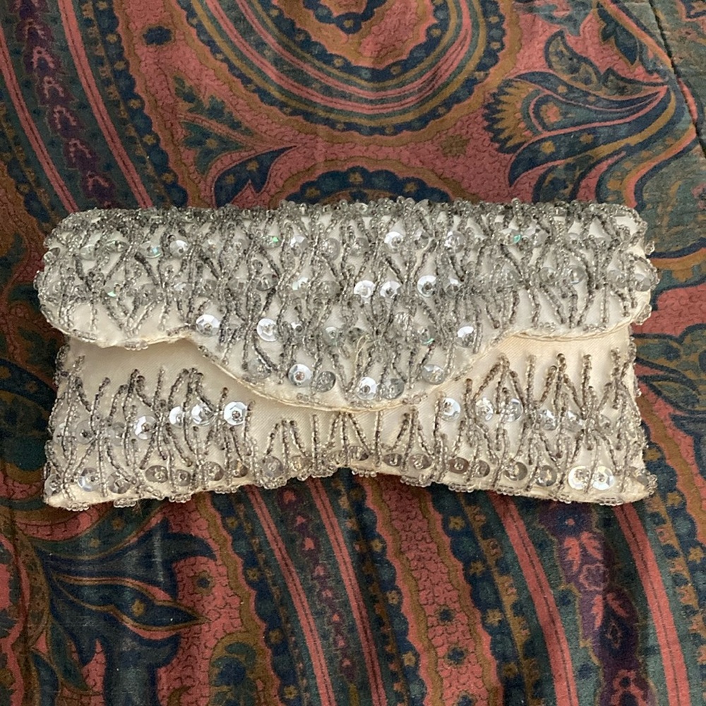 Handmade Silver Beaded Clutch.